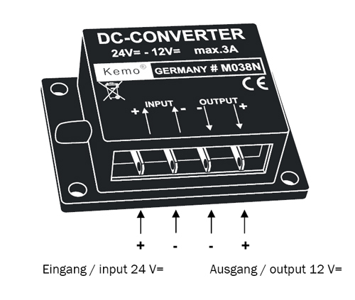 Preview: Spannungswandler von 24 V= auf 12 V= 3 A M038N Kemo