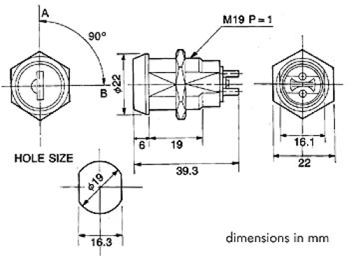 Preview: Schlüsselschalter Einbau 1-polig EIN / AUS max 125V~ 2A inkl 2 Schlüssel KS-34