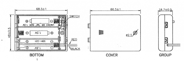 EIN AUS Schalter und Anschlusskabel Batteriehalter für 3 x AA Mignon mit Deckel 