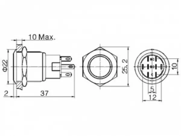 19mm Druckschalter Vollmetal Raster Wechslerkontakt max 250V 5A
