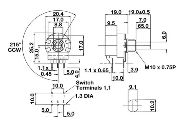 Drehpoti Potentiometer 6mm mono logarithmisch 2,2K Ohm mit Schalter omeg PC20B2K2HS4