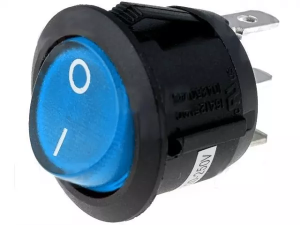 Wippenschalter rund mit blau beleuchteter Wippe 230V max 10A