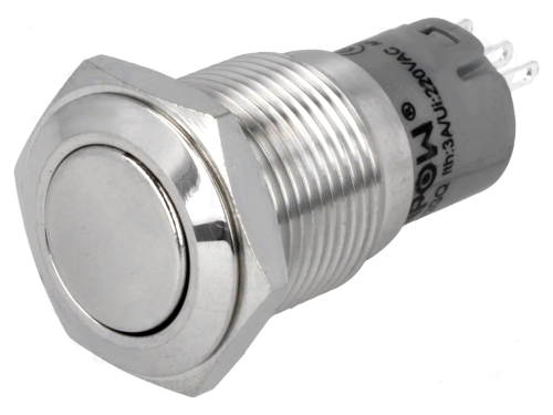 Taster (Wechsler), mit 12V LED-Ring grün, 16mm, 3 A/250V AC, Lötanschlüsse,  IP67