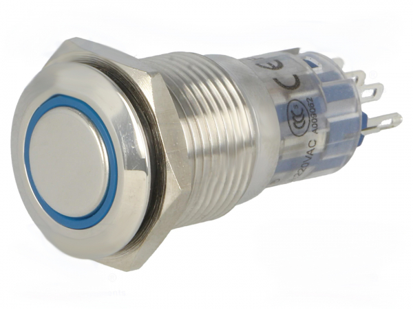Drucktaster Taster 0,5A/230V SPDT ON - (ON) mit blauer 12V LED Ring Beleuchtung V16-11R-12B-S