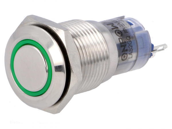 Drucktaster Taster 0,5A/230V SPDT ON - (ON) mit grüner 12V LED Ring Beleuchtung V16-11R-12G-S