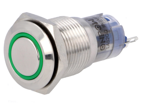 Drucktaster Taster 0,5A/230V SPDT ON - (ON) mit grüner 12V LED Ring Beleuchtung V16-11R-12G-S