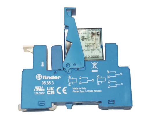 Finder Relais 12V = max 250V~ 8A Schaltleistung Komplett mit Entstörglied und Sockel für DIN Rail Schienen Montage