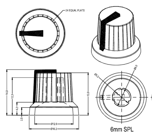Drehknopf schwarz mit roter Feingummiauflage für 6mm Aufnahme
