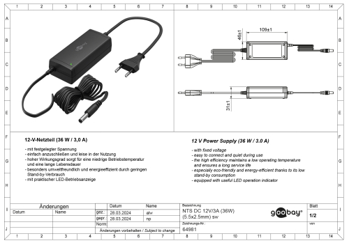 Preview: Steckernetzteil Steckernetzgerät 12V DC 5,5 x 2,5mm 3.000mA schwarz