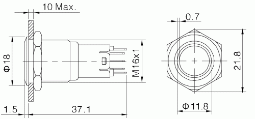 Drucktaster Taster 0,5A/230V SPDT ON - (ON) mit blauer 12V LED Ring Beleuchtung V16-11R-12B-S