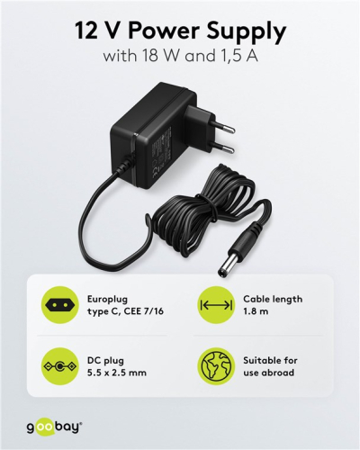Preview: Steckernetteil Steckernetzgerät 12V DC 5,5 x 2,5mm 1.500mA schwarz