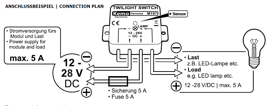 Dämmerungsschalter 12V - 28V DC max 5A M197 Kemo