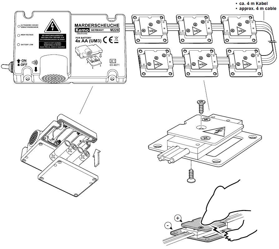 Marderabwehr KFZ Ultraschall und Hochspannung mit Plus-Minus-  Kontaktplatten Kemo M229 Batteriebetrieben