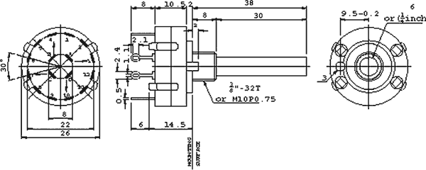 Stufendrehschalter mit 12 Positionen MSP 1.1.12 SR26NS1-1-12P-M10-38R6