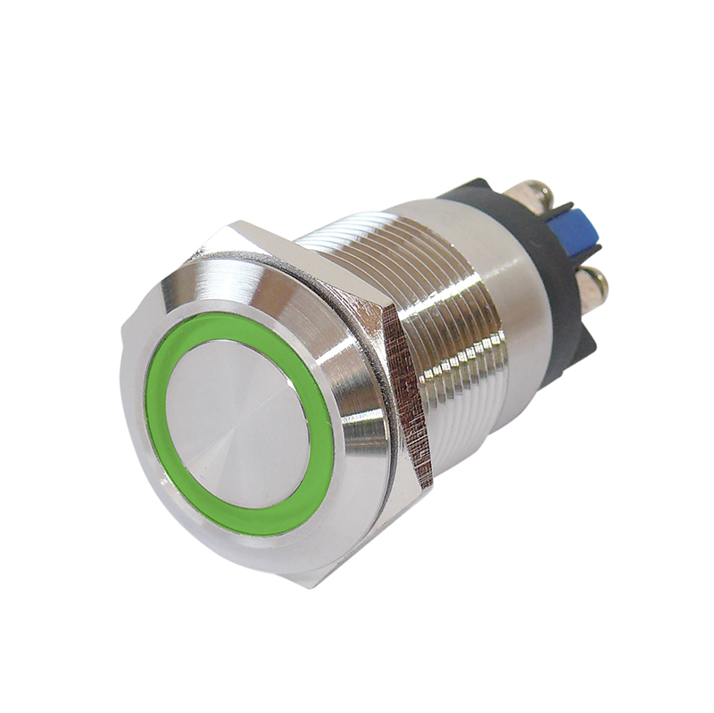 CHRISCK Design LED Taster 12V – Vandalismusgeschützt, IP67, Edelstahl, Grüne Ringbeleuchtung, 19 Mm