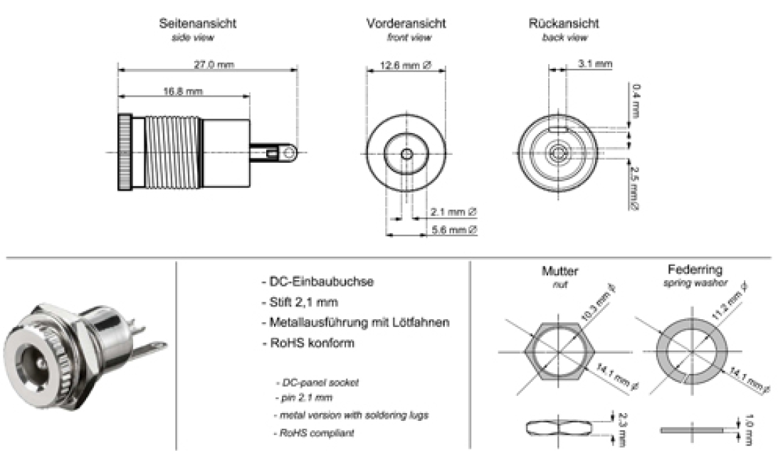 DC Holstecker Einbaubuchse metal 2,1 x 5,5mm EDC 21 R