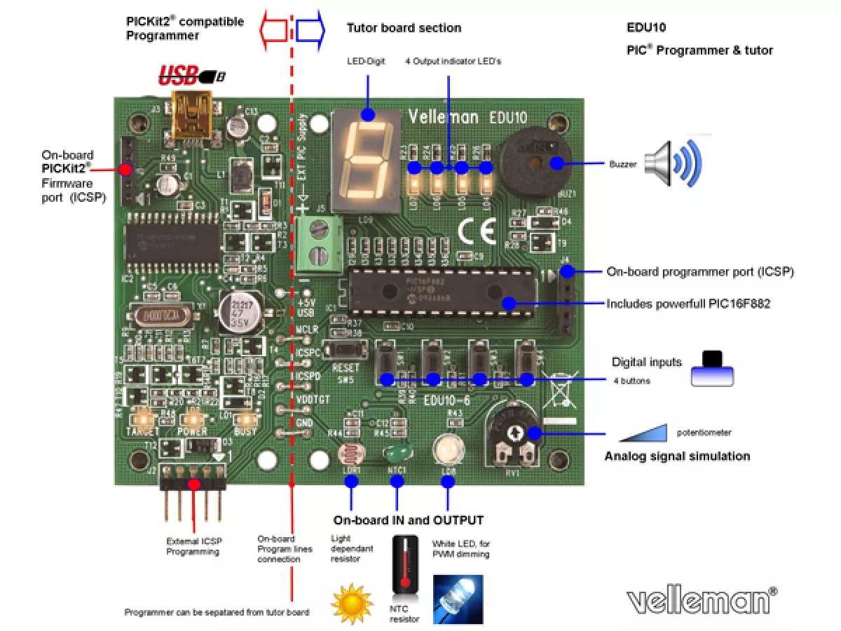 USB PIC IC Programmier und Experimentierkasten Board EDU10 Velleman
