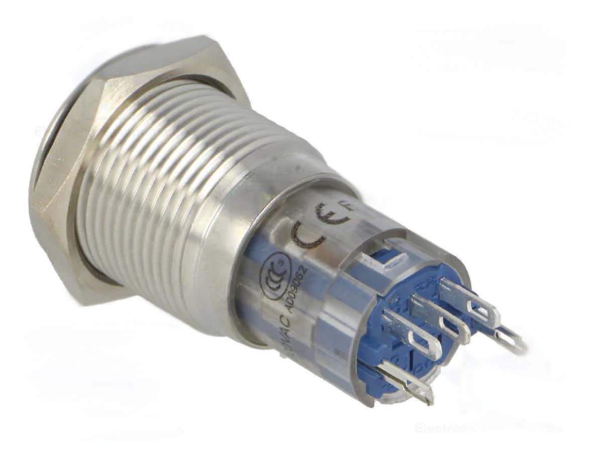 Drucktaster Taster 0,5A/230V SPDT ON - (ON) mit blauer 12V LED Ring Beleuchtung V16-11R-12B-S