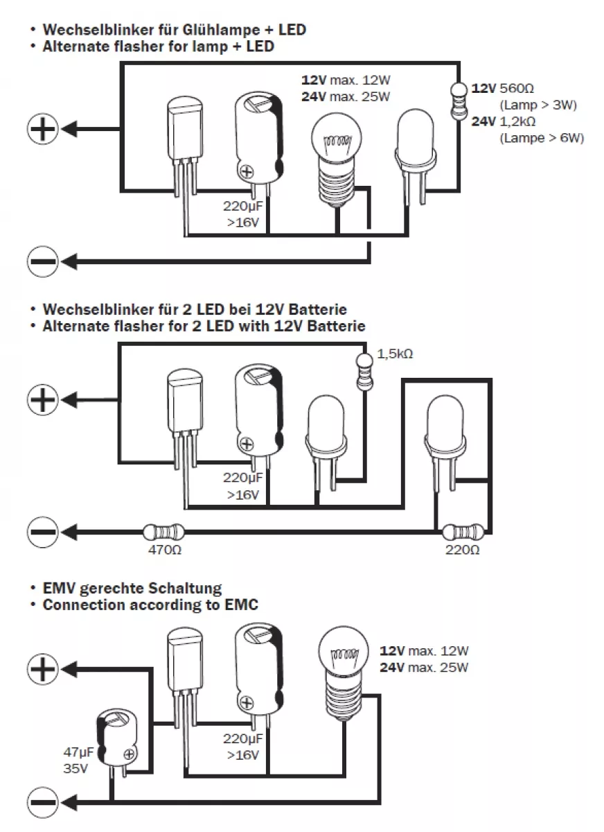 7V - 12V - 24V DC Blinker & Wechselblinker Blinkgeber max 1A 1,2Hz Kemo-Electronic M079E