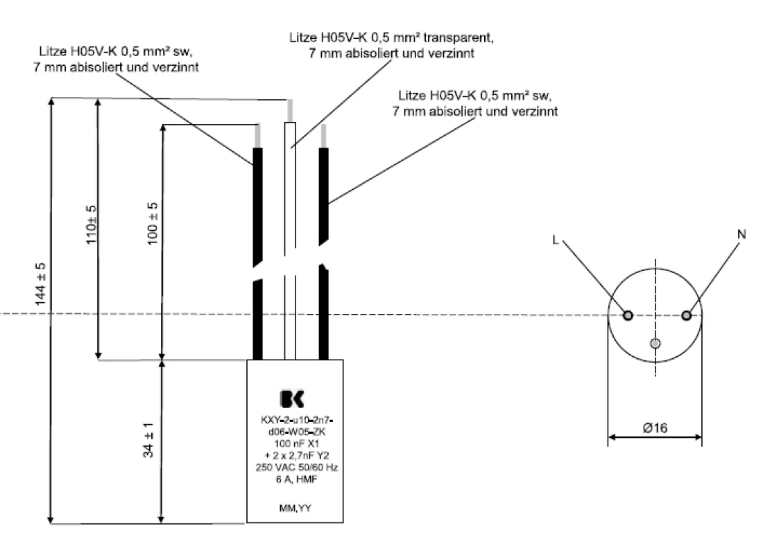 Funk Entstörkondensator Kondensator X1 100nF Y2 2x 2,7nF mit Leitung und Erdung