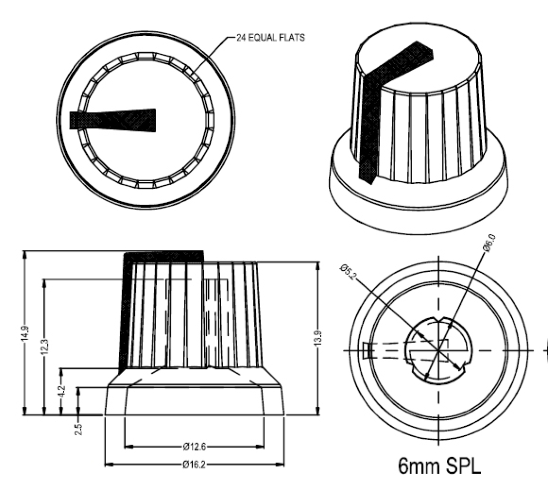 Drehknopf schwarz mit roter Feingummiauflage für 6mm Aufnahme