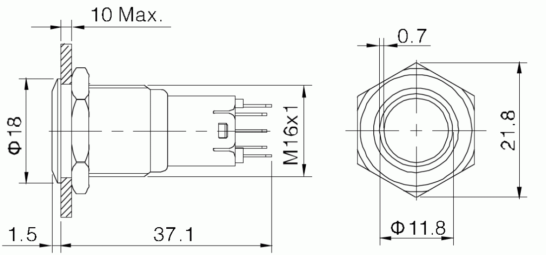 Drucktaster Taster 0,5A/230V SPDT ON - (ON) mit blauer 12V LED Ring Beleuchtung V16-11R-12B-S