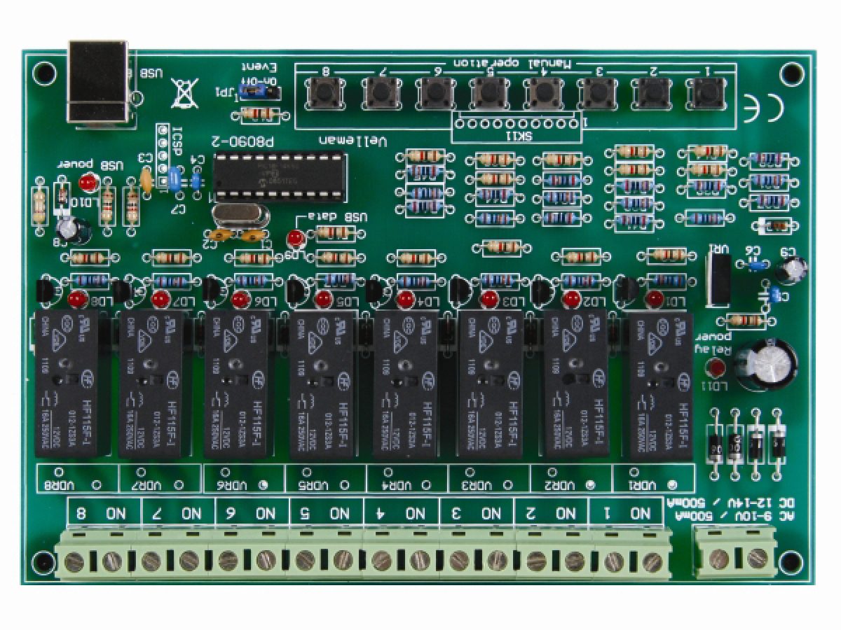 8 Kanal USB Relaiskarte 9V - 14V max 8x 16A Leistung K8090 Velleman Bausatz