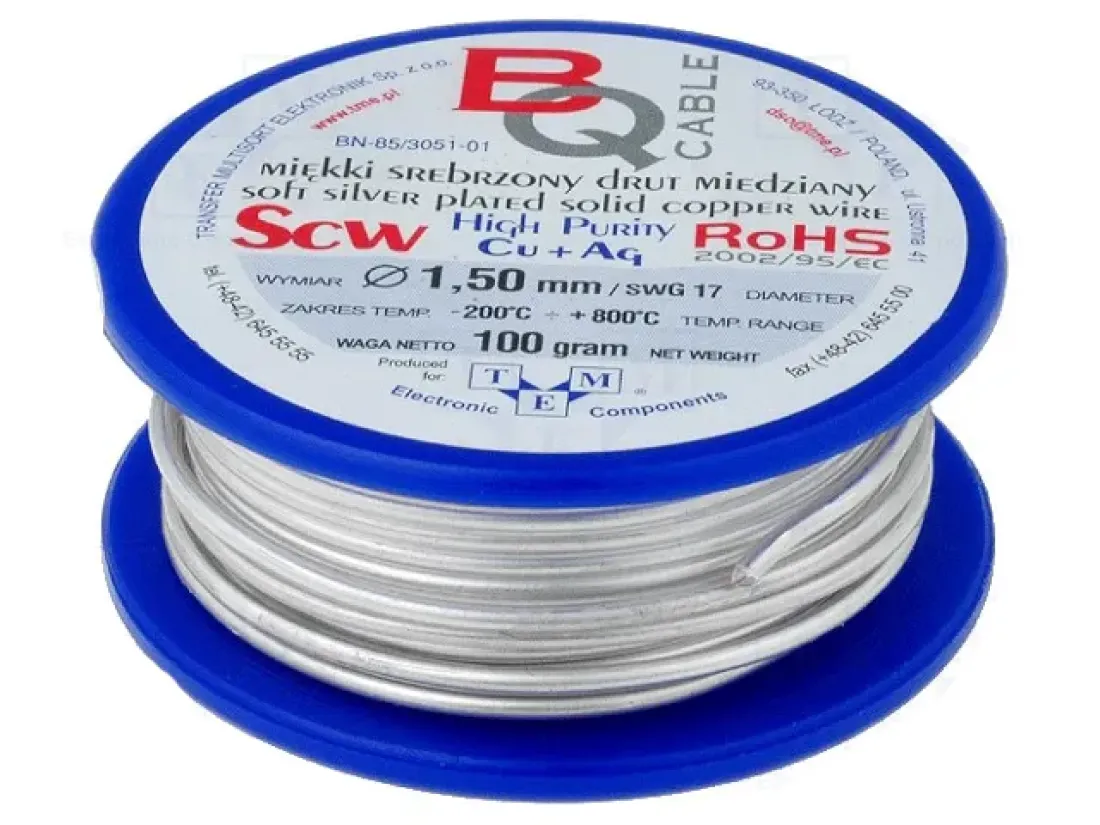 VS SCW-1.50/500 (2,67EUR pro 1m) Kupferdraht versilbert 1,5mm ca 30m auf Spule KKS015-500