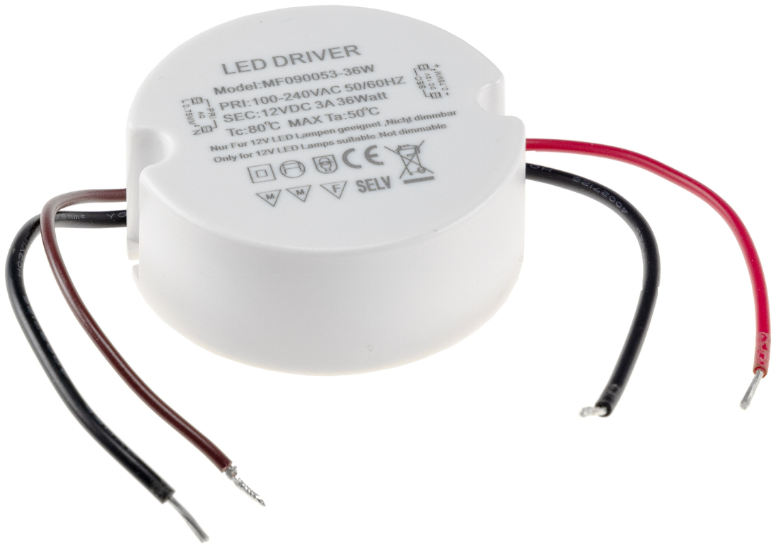 LED Trafo Vorschaltgerät Treiber Spannungswandler 1W - 36Watt 230V AC - 12V DC Rund