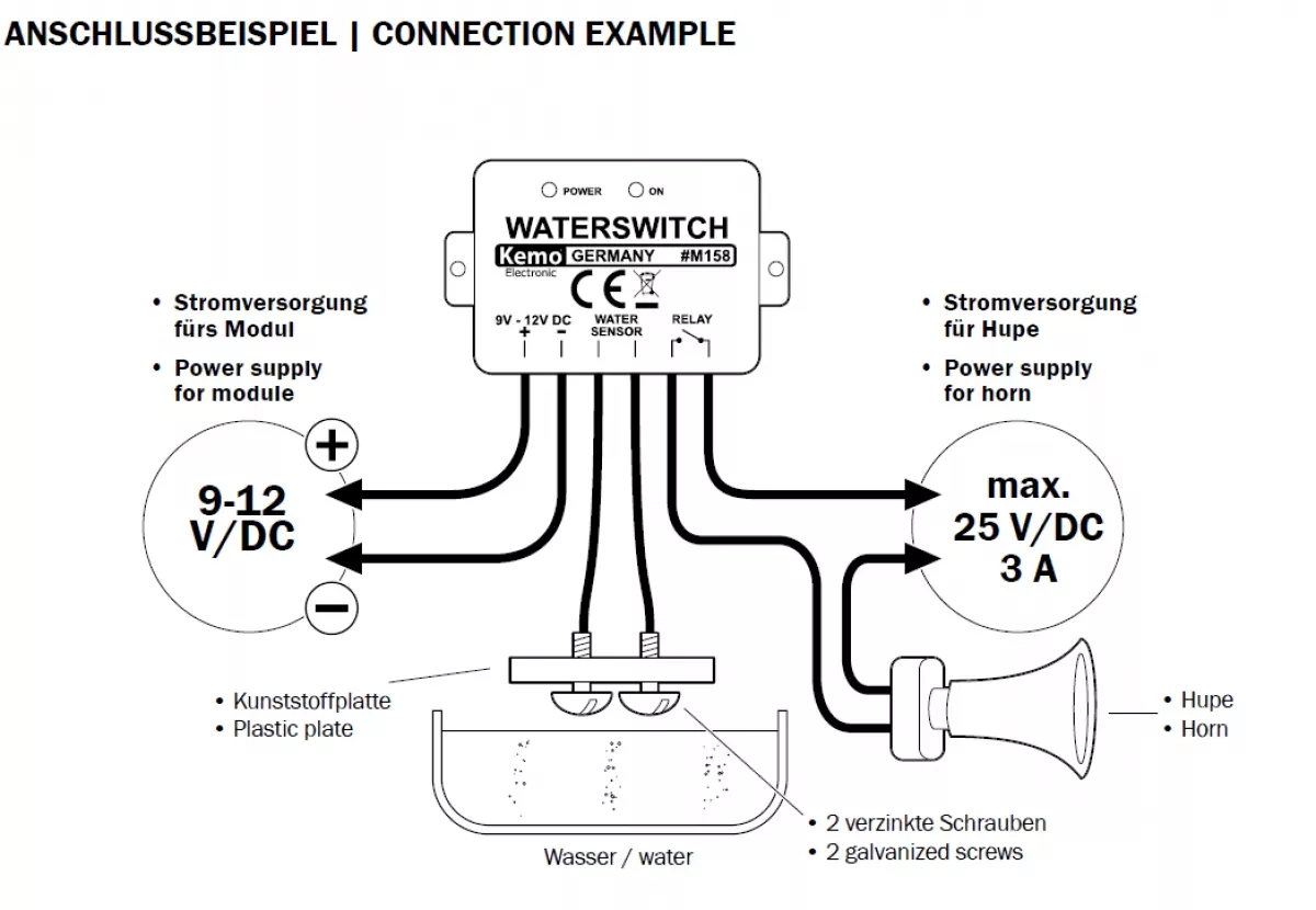 Wassermelder Wasseralarm Wasserfühler 12V DC max 3A M158 Kemo