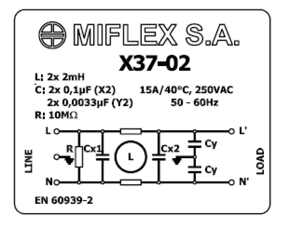Entstörfilter X2 Y2 Miflex X37-02 250V 50/60Hz max 15A