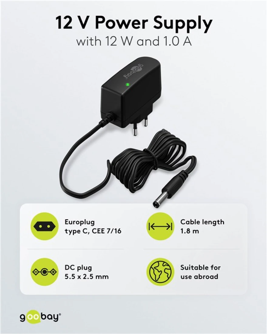 Steckernetzteil Steckernetzgerät 12V DC 1000mA 5,5 x 2,5mm schwarz