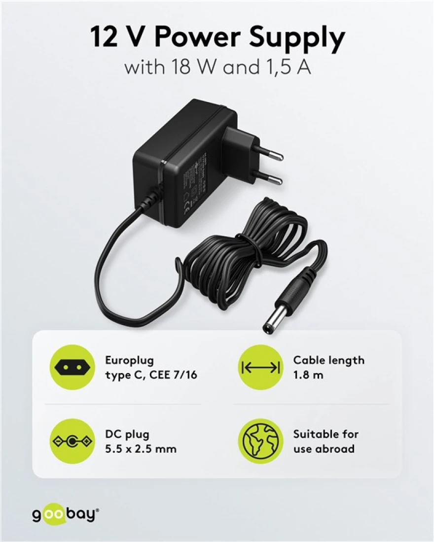Steckernetteil Steckernetzgerät 12V DC 5,5 x 2,5mm 1.500mA schwarz