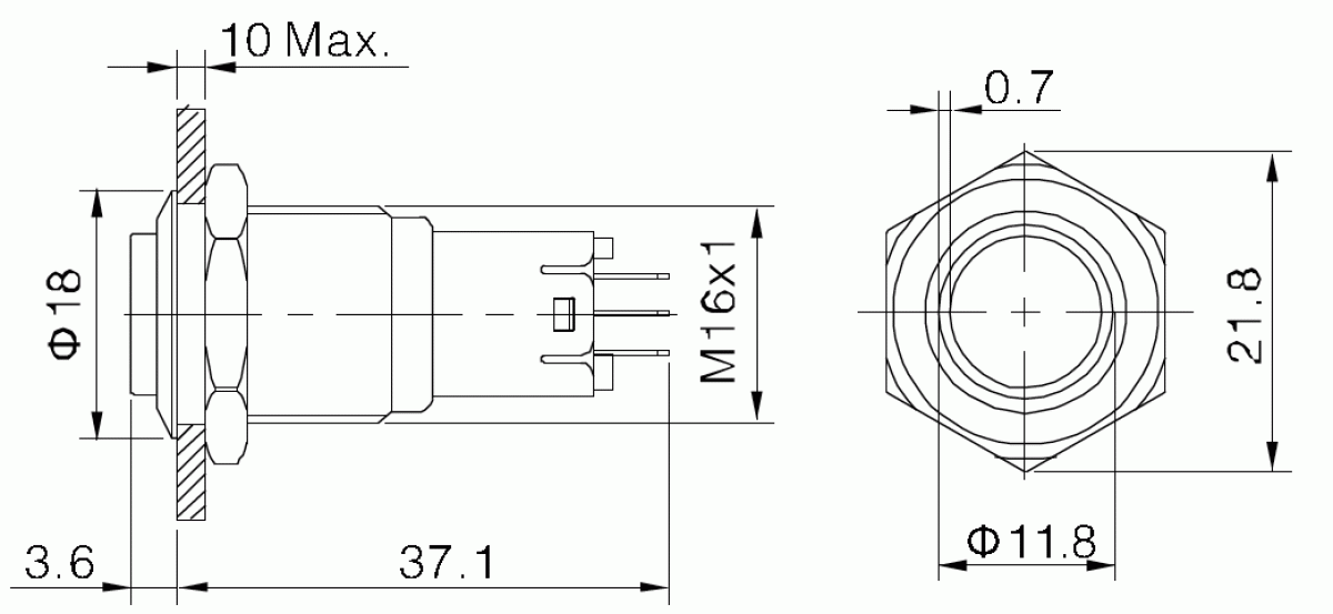 Drucktaster 16mm 1x UM (Wechselkontakt) 0,5A 230V AC